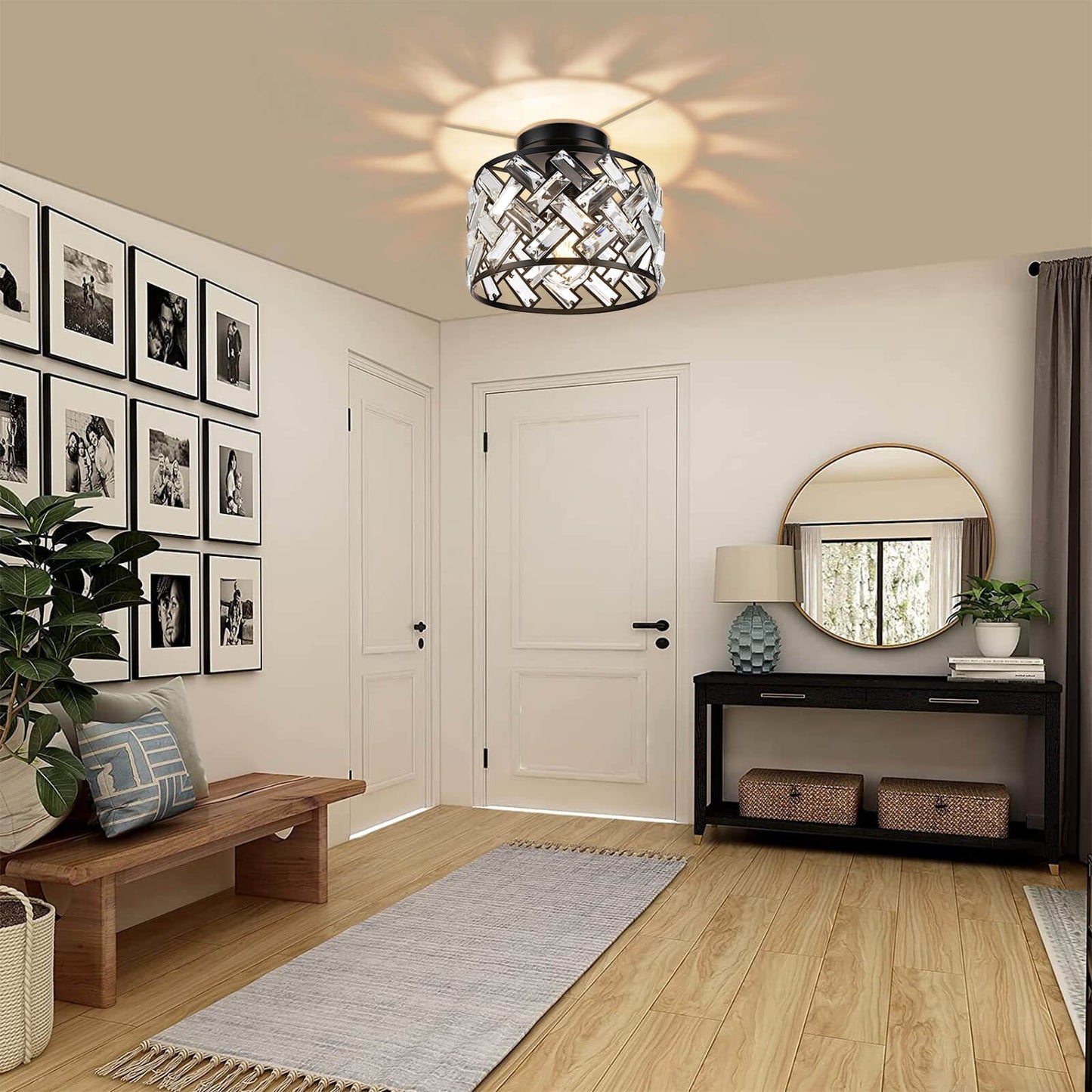 Modern Minimalist Round Metal Crystal 1-Light Semi-Flush Mount Ceiling Light For Living Room