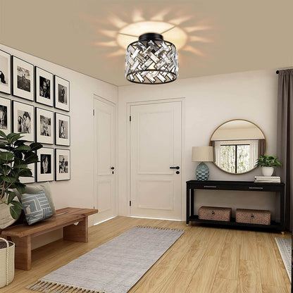 Modern Minimalist Round Metal Crystal 1-Light Semi-Flush Mount Ceiling Light For Living Room