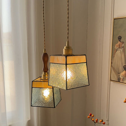 Contemporary Retro Glass Brass Iron Walnut Cubic Trapezoidal 1-Light Pendant Light For Dining Room