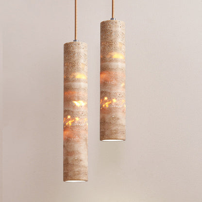 Modern Minimalist Cylindrical Natural Yellow Travertine 1-Light Pendant Light For Bedroom