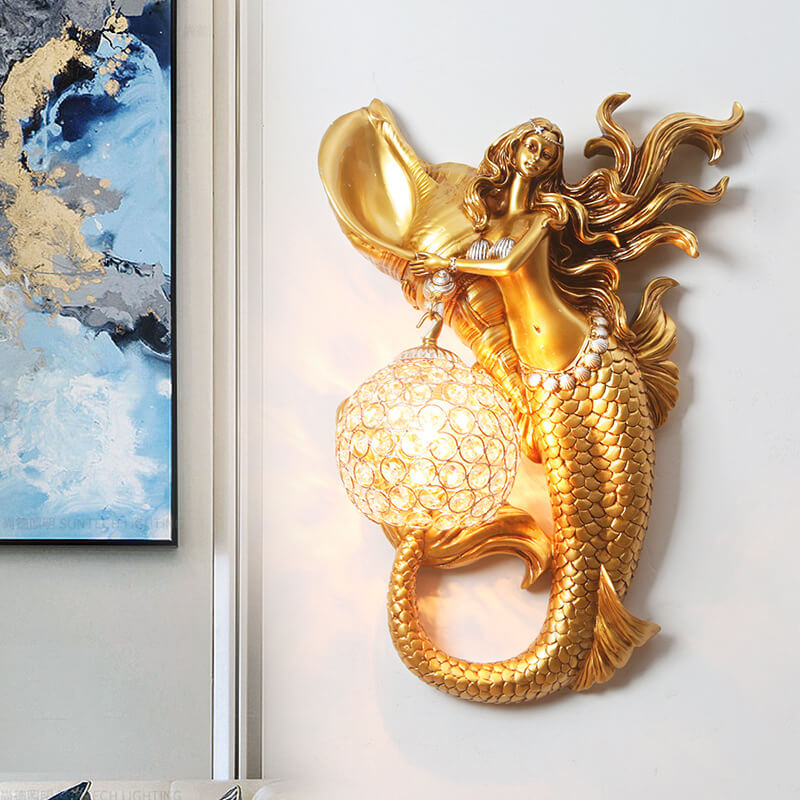 Modern Creative Resin Mermaid Shape Crystal Lampshade 1-Light Wall Sconce Lamp