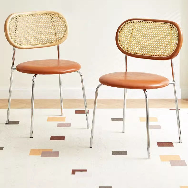 Contemporary Vintage Round Rectangular Solid Wood Metal Genuine Leather Dining Chair Backrest For Dining Room