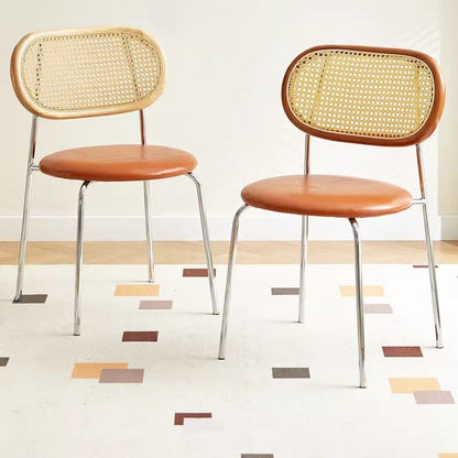 Contemporary Vintage Round Rectangular Solid Wood Metal Genuine Leather Dining Chair Backrest For Dining Room