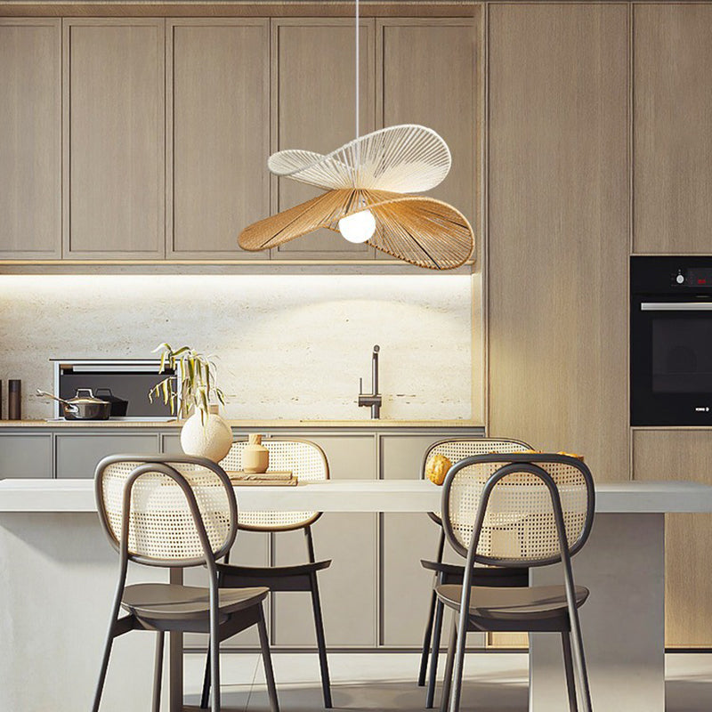 Traditional Vintage Wood Paper Rope Weaving Straw Hat Shape 1-Light Pendant Light For Living Room