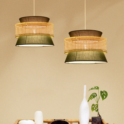 Traditional Japanese Rattan Weaving Fabric Round Shade 1-Light Pendant Light For Dining Room