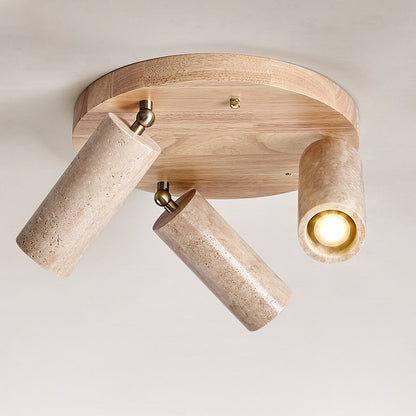 Modern Minimalist Dome Solid Wood Yellow Travertine 3-Light Flush Mount Ceiling Light For Living Room
