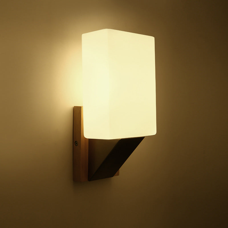 Modern Minimalist Rectangle Wood Glass 1-Light Wall Sconce Lamp For Bedroom