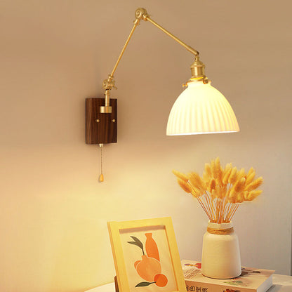 Traditional Japanese Brass Lamp Arm Ceramic Glass Round Shade 1-Light Wall Sconce Lamp For Bedroom