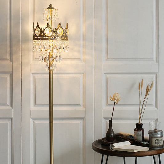 Traditional Luxury Copper Brass Crystal Crown Pendant 3-Light Standing Floor Lamp For Bedroom