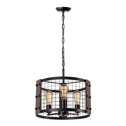 Industrial Vintage Iron Drum Shape 3-Light Chandelier