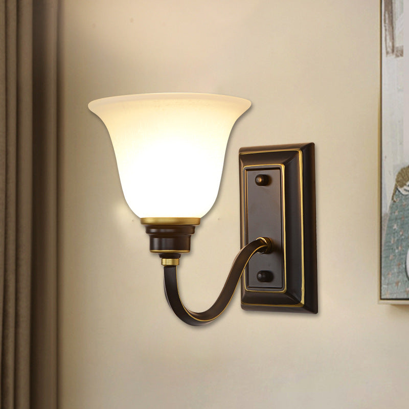 Traditional Rustic Floral Glass Shade Iron 1-Light Wall Sconce Lamp For Bedroom