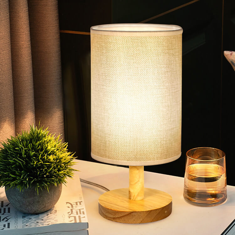 Minimalist Vintage Fabric Cylinder Wood Base LED Table Lamp