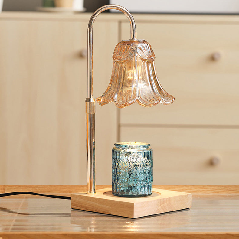 Modern Art Deco Floral Glass Metal Wood 1-Light Melting Wax Table Lamp For Bedroom