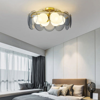 Modern Mid-Century Golden Finish Frame Glass Ball Shade 4/6-Light Semi-Flush Mount Ceiling Light For Living Room