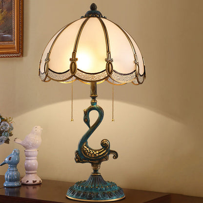 European Luxury Stained Glass Swan Base Copper 2-Light Table Lamp