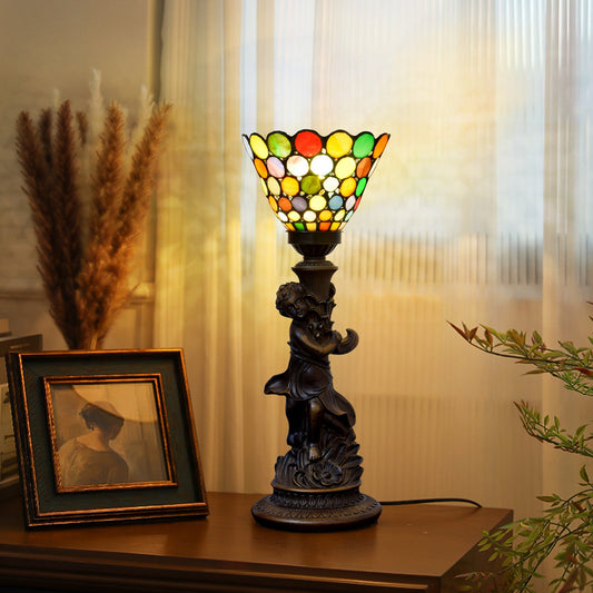 Traditional European Resin Glass Floral Round Boy 1-Light Table Lamp For Study