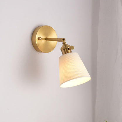 Contemporary Scandinavian Trapezoidal Cup Stripe Ceramic Brass 1-Light Wall Sconce Lamp For Living Room