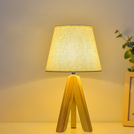 Contemporary Boho Round Cone Tripod Base Fabric Solid Wood LED Table Lamp for Bedroom
