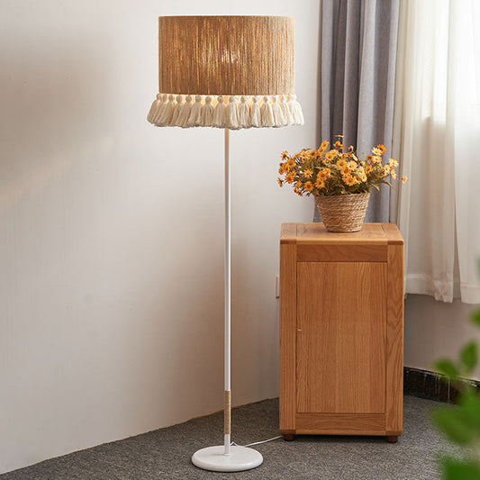 Contemporary Boho Hemp Rope Weaving Cylinder Cotton Tassel 1-Light Standing Floor Lamp For Home Office