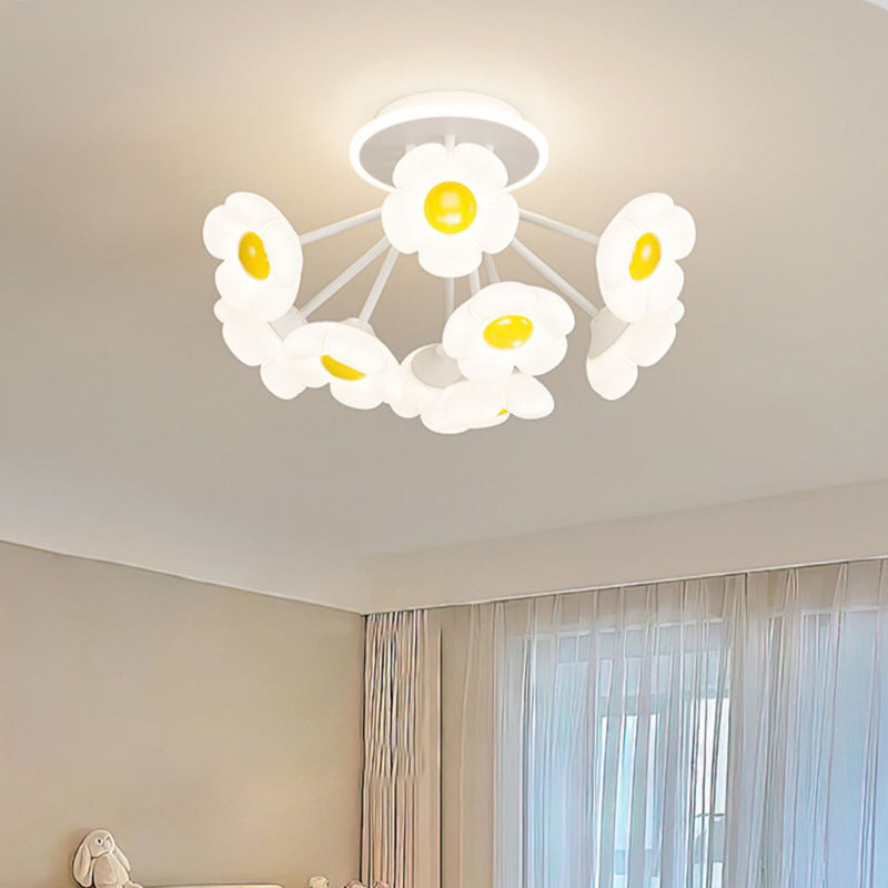 Contemporary Creative Flower PE Shade Iron Frame LED Semi-Flush Mount Ceiling Light For Bedroom