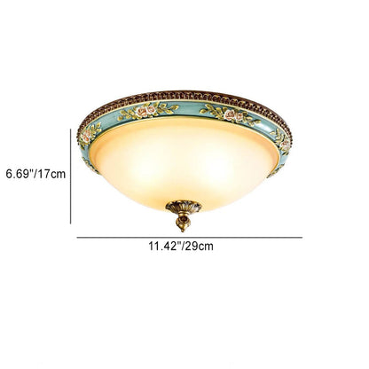 Traditional European Engraved Resin Frame Glass Dome Shade 2-Light Flush Mount Ceiling Light For Living Room