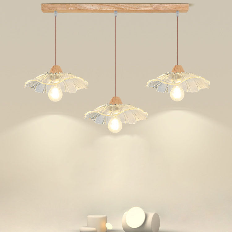 Modern Art Deco Wood Lotus Leaf Glass Shade 1/3-Light Island Light Chandelier For Bedroom