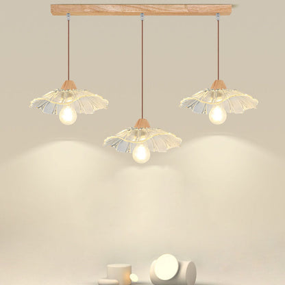 Modern Art Deco Wood Lotus Leaf Glass Shade 1/3-Light Island Light Chandelier For Bedroom