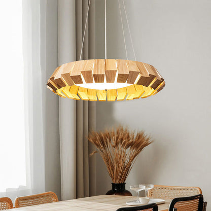 Contemporary Scandinavian Round Flying Saucer Wood Glass LED Chandelier For Living Room