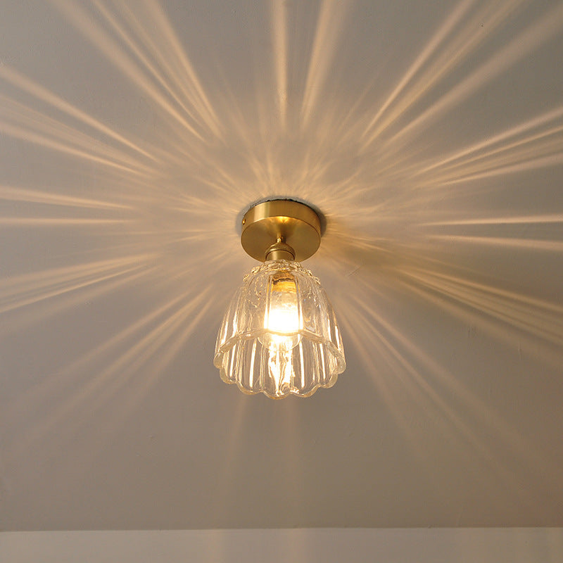 European Light Luxury Floral Glass Copper 1-Light Semi-Flush Mount Light