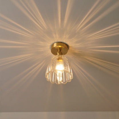 European Light Luxury Floral Glass Copper 1-Light Semi-Flush Mount Light