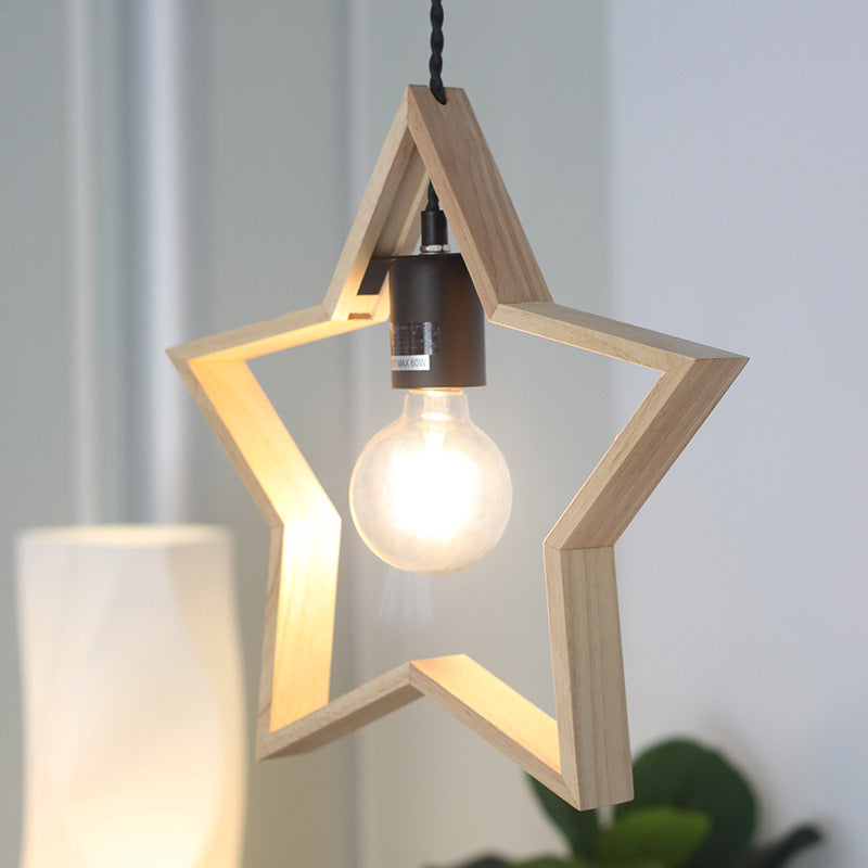 Contemporary Creative Solid Wood Pentagram Star 1-Light Pendant Light For Living Room