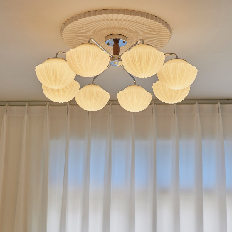 Traditional French Bowl Ribbed Iron Wood Glass 3/5/8 Light Semi-Flush Mount Ceiling Light For Living Room