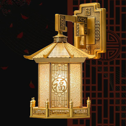 Traditional Chinese Waterproof Brass Stainless Steel Glass House Cylinder Conic 1-Light Wall Sconce Lamp For Outdoor Patio