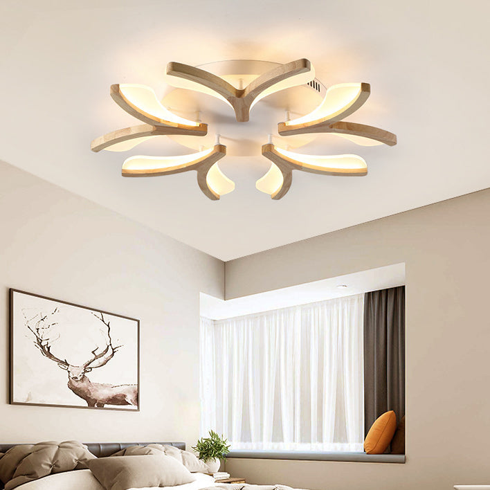مصباح سقف LED شبه مدمج مصنوع من الخشب والحديد والأكريليك بتصميم أغصان أزهار إسكندنافية معاصر لغرفة المعيشة 