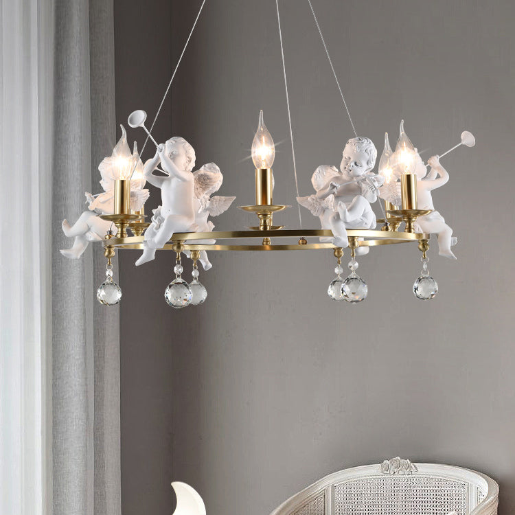 Traditional Vintage Angel Candle Crystal Round ABS Copper 3/6/8 Light Chandelier For Living Room