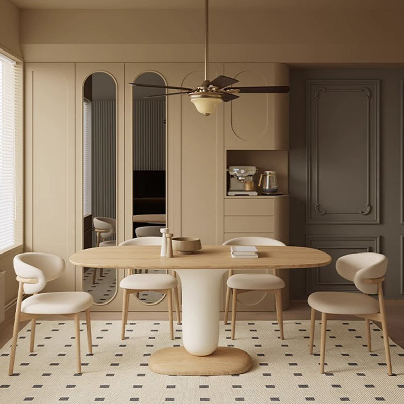 Traditional Japanese Elliptical Ash Wood Oaken Faux Leather Dining Table & Chair Set For 4/6 Seats