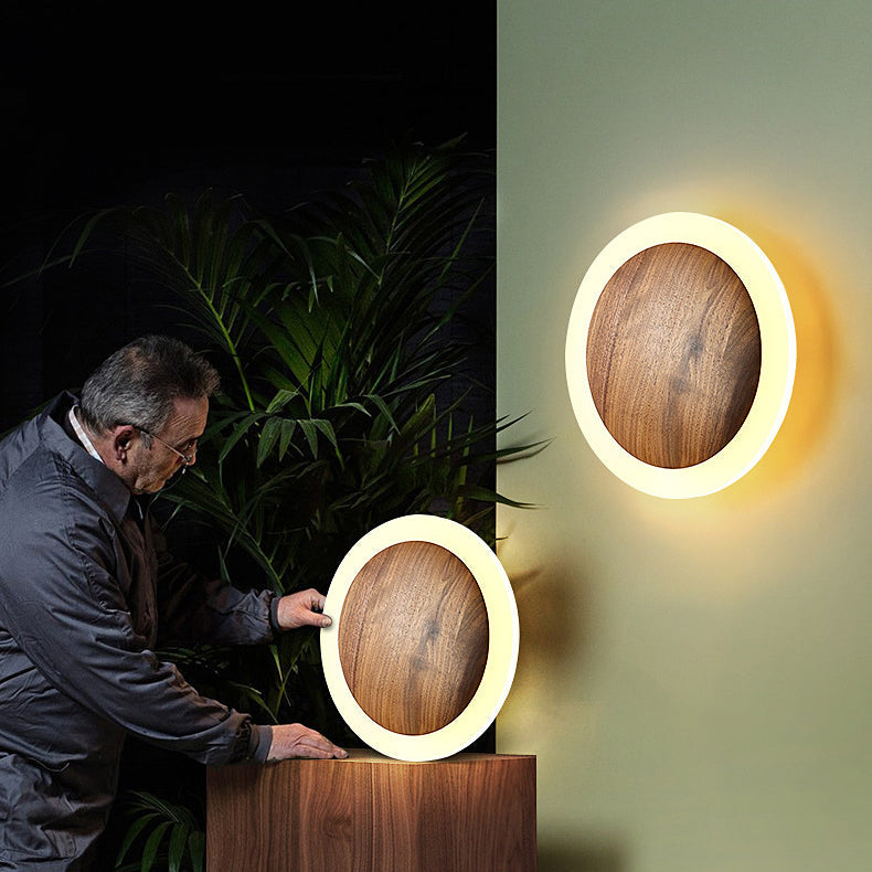Traditional Japanese Black Walnut Round Shade LED Wall Sconce Lamp For Living Room