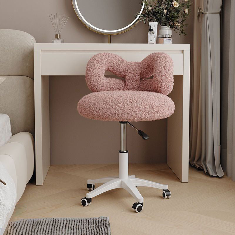 Modern Art Deco Butterfly Knot Round Lambswool Faux Leather Metal Vanity Stool Backrest Armless For Bedroom