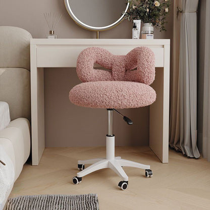 Modern Art Deco Butterfly Knot Round Lambswool Faux Leather Metal Vanity Stool Backrest Armless For Bedroom