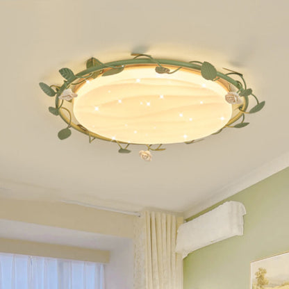 Modern Minimalist Disc Rose Rattan Wood Acrylic LED Flush Mount Ceiling Light