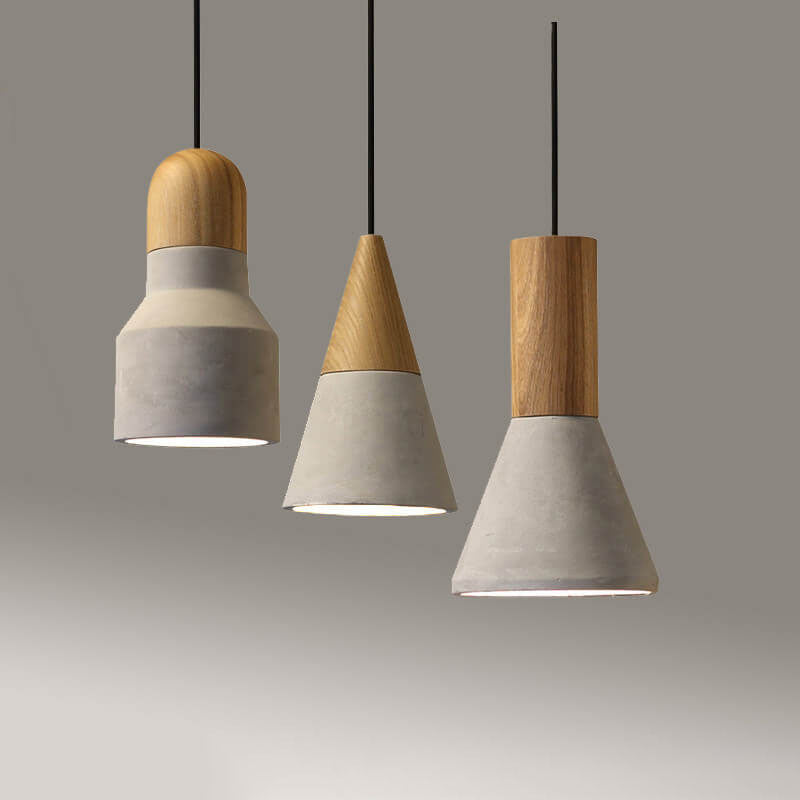 Contemporary Industrial Round Cone Triangle Cement Rubber Wood 1-Light Pendant Light For Living Room