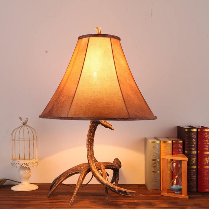 European Creative Antler Resin Faux Deer Pattern Fabric Shade 1-Light Table Lamp