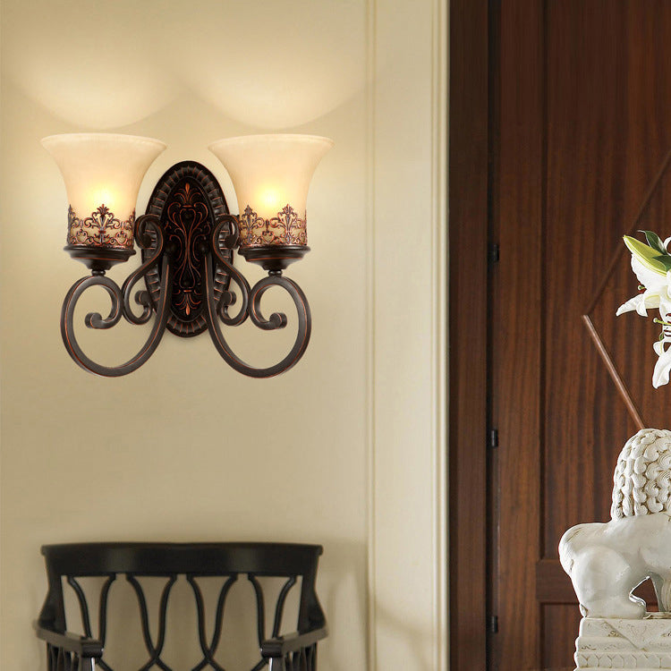Traditional Vintage Round Glass Iron 1/2 Light Wall Sconce Lamp For Bedroom