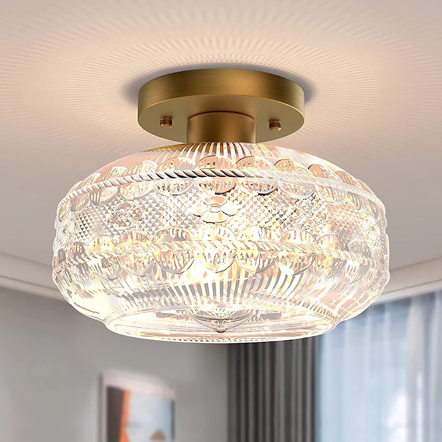 Contemporary Industrial Textured Glass Lantern 1-Light Semi-Flush Mount Ceiling Light For Living Room