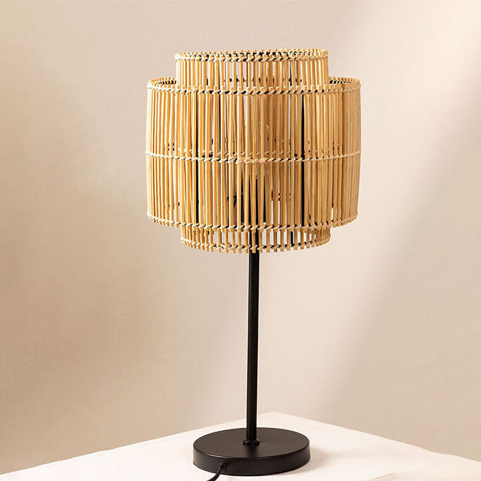 Traditional Vintage Rattan Weaving Cylinder 1-Light Table Lamp For Home Office