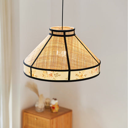 Contemporary Vintage Round Cone Raffia Hardware 1-Light Pendant Light For Living Room