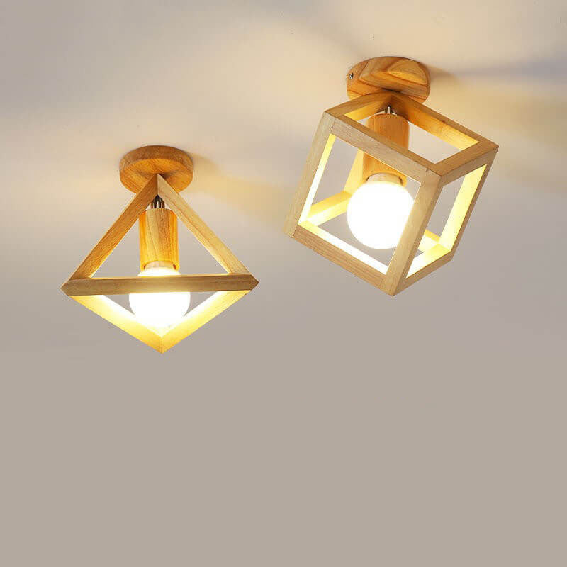 Japanese Minimalist Log Hollow Geometric Cube 1-Light Semi-Flush Mount Ceiling Light