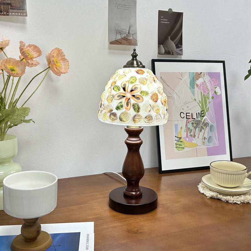 Traditional Vintage Wood Glass Hemispheroid Shell Lozenge 1-Light Table Lamp For Bedside