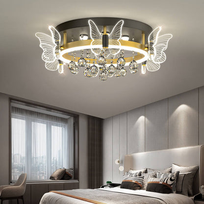 Modern Luxury Radiant Crystal Strings Butterfly Embellishment Round Shade LED Flush Mount Ceiling Light For Living Room