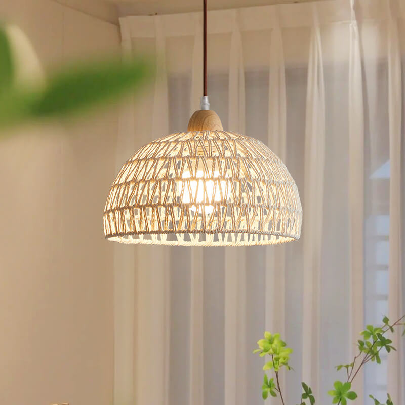 Contemporary Boho Wood Rattan Weaving Dome 1-Light Pendant Light For Dining Room